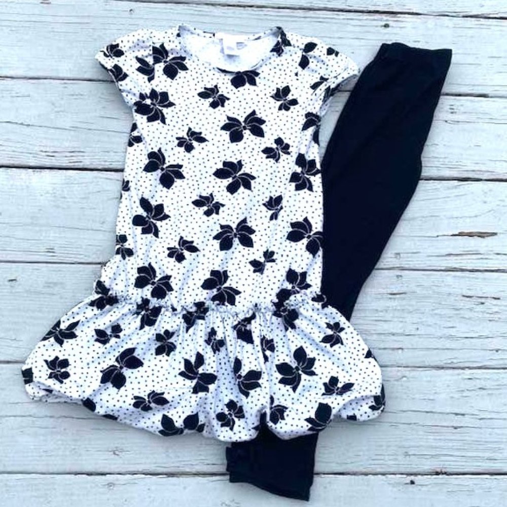 Janie & Jack 7 Holidays Christmas Black White Bow Bubble Dress Legging Set Sz 6